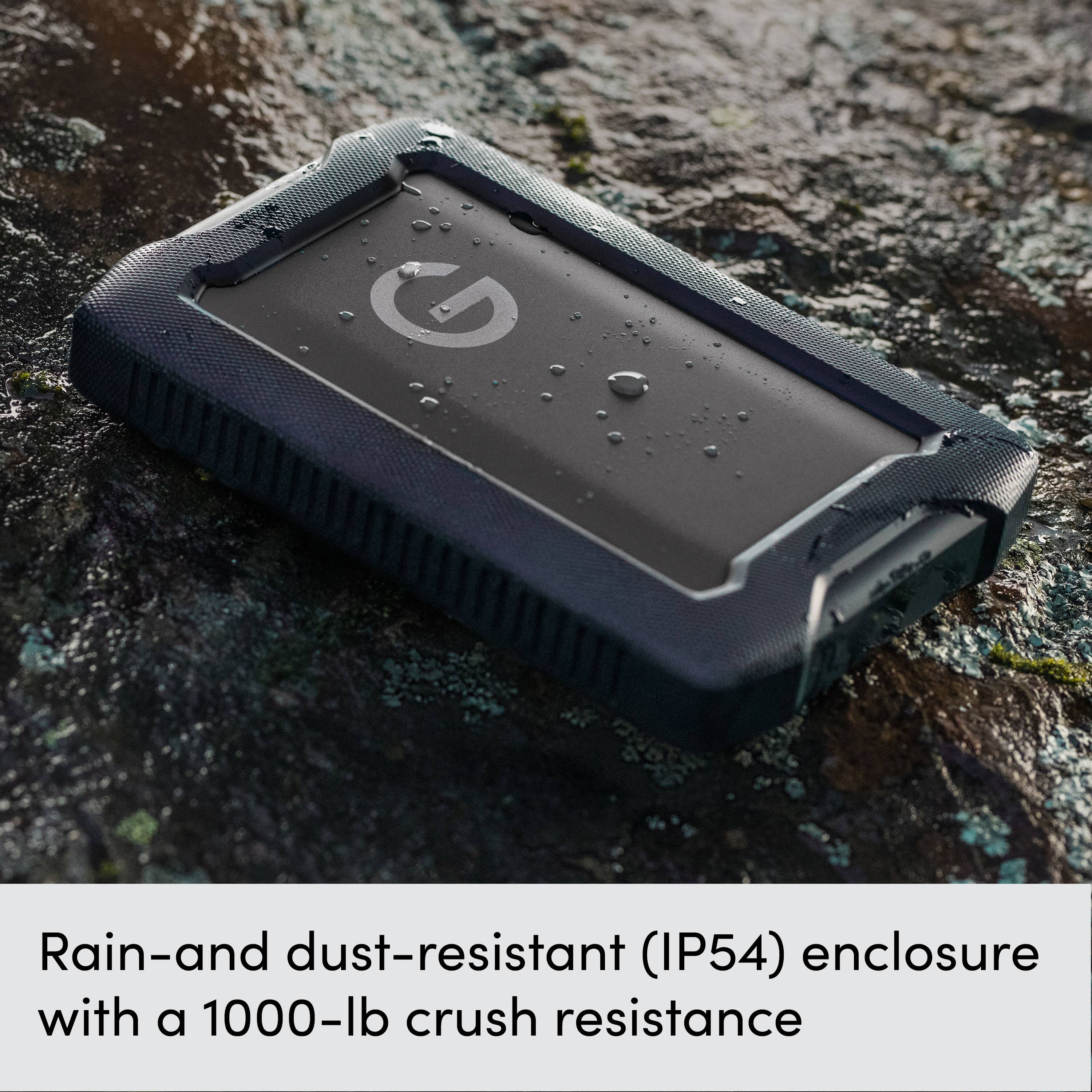The image shows a black, rain-and dust-resistant (IP54) enclosure with a 1000-lb crush resistance.