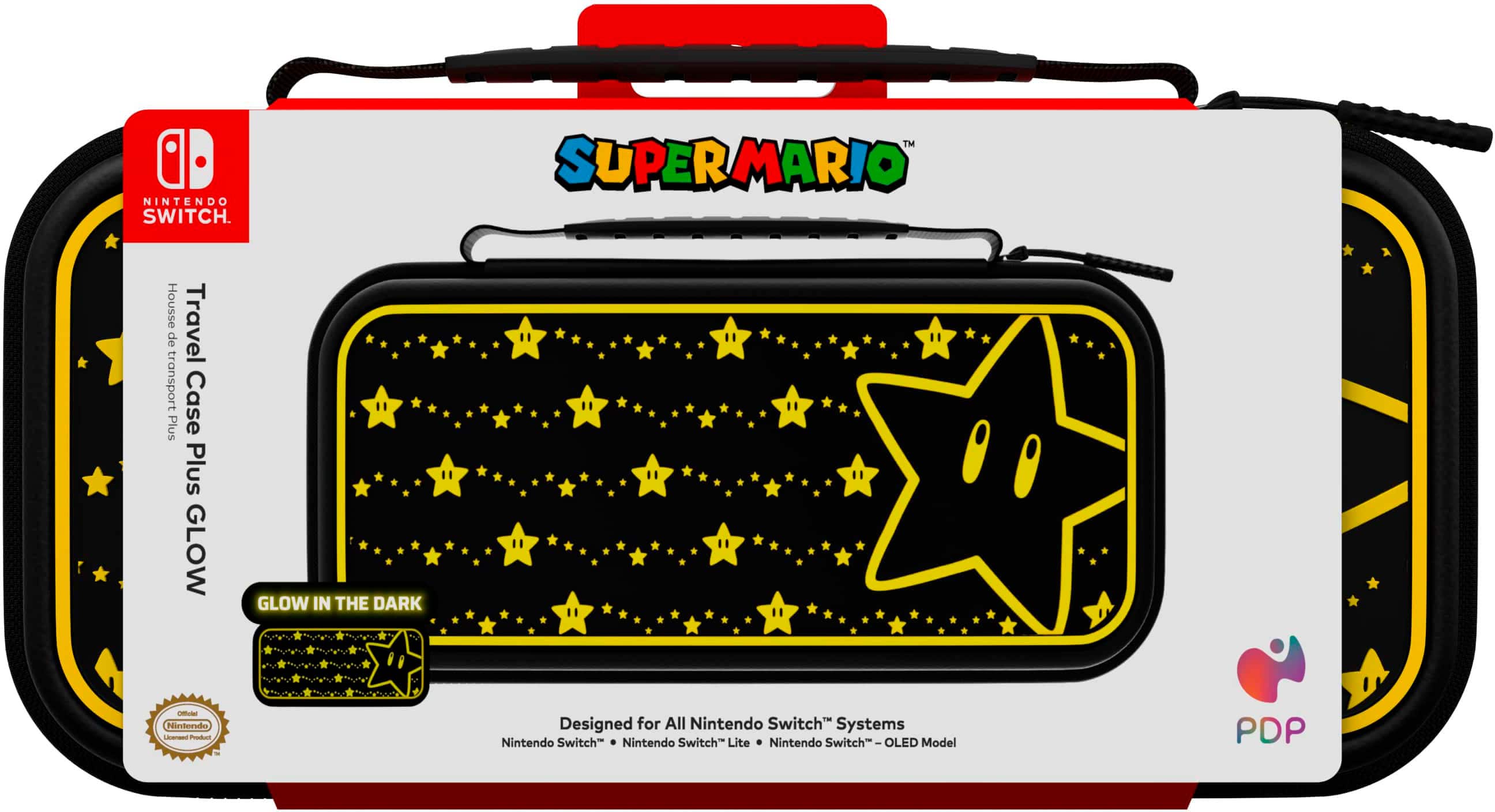 Nintendo Switch. Super Mario Travel Case Plus Plus Glow in the Dark. Designed for all Nintendo Switch systems: Nintendo Switch, Nintendo Switch Lite, and Nintendo Switch OLED Model. PDP.