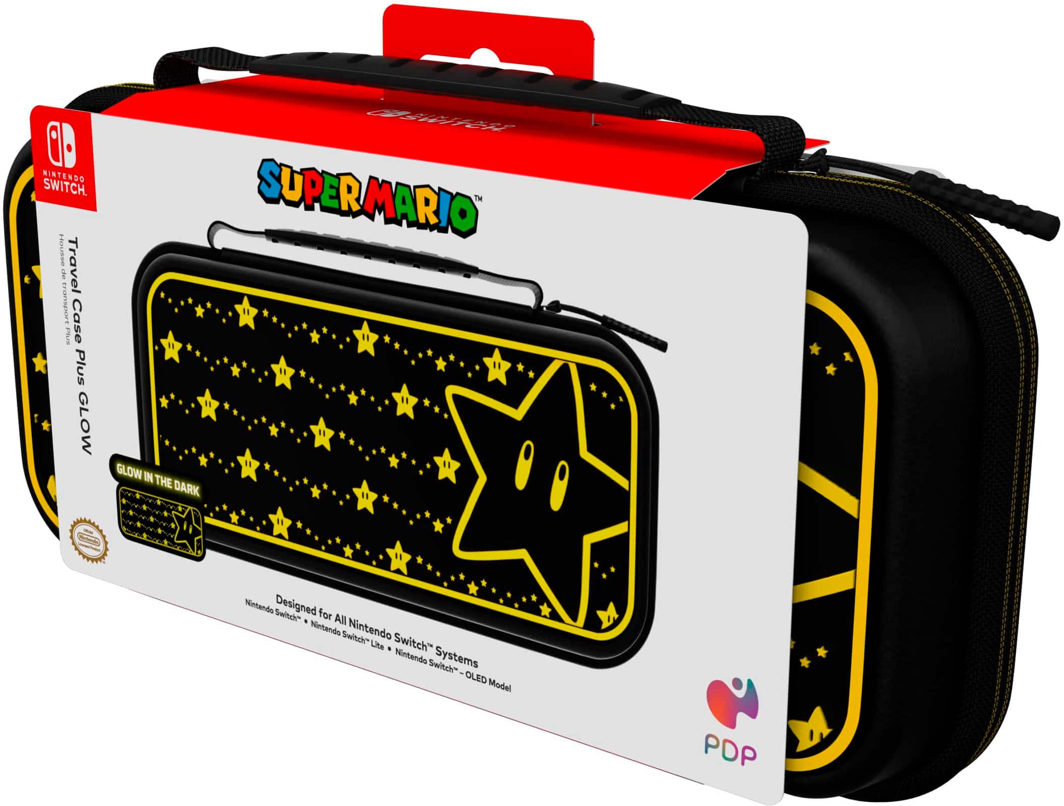 The text on the image reads: "Nintendo Switch. Travel case and plus glow in the dark Super Mario Super Glow in the dark Nintendo Designed Switch for all Nintendo Switch systems. Nintendo Switch Lite. Nintendo Switch OLED Model. PDP."