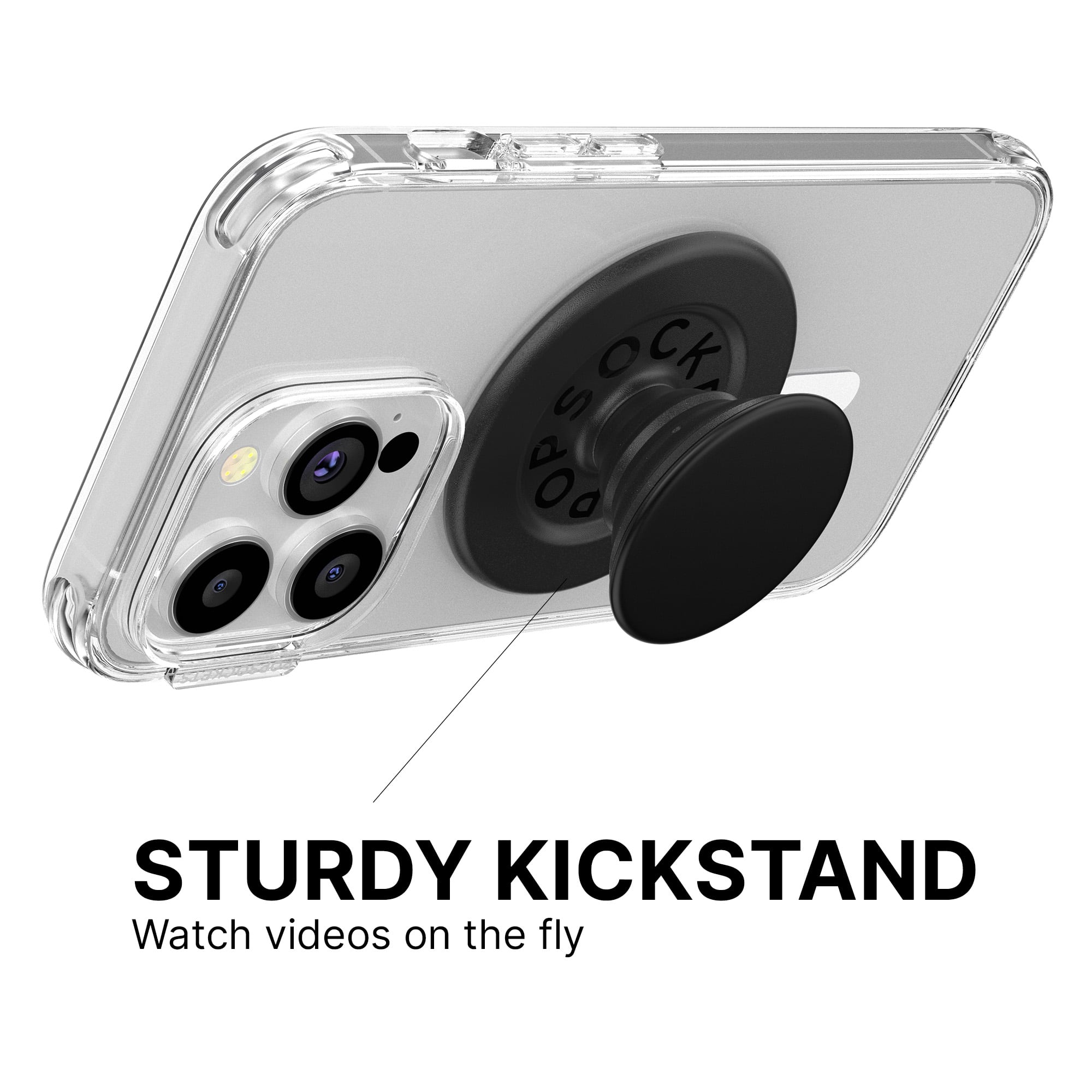 The text on the image reads "Sturdy Kickstand Watch videos on the fly."