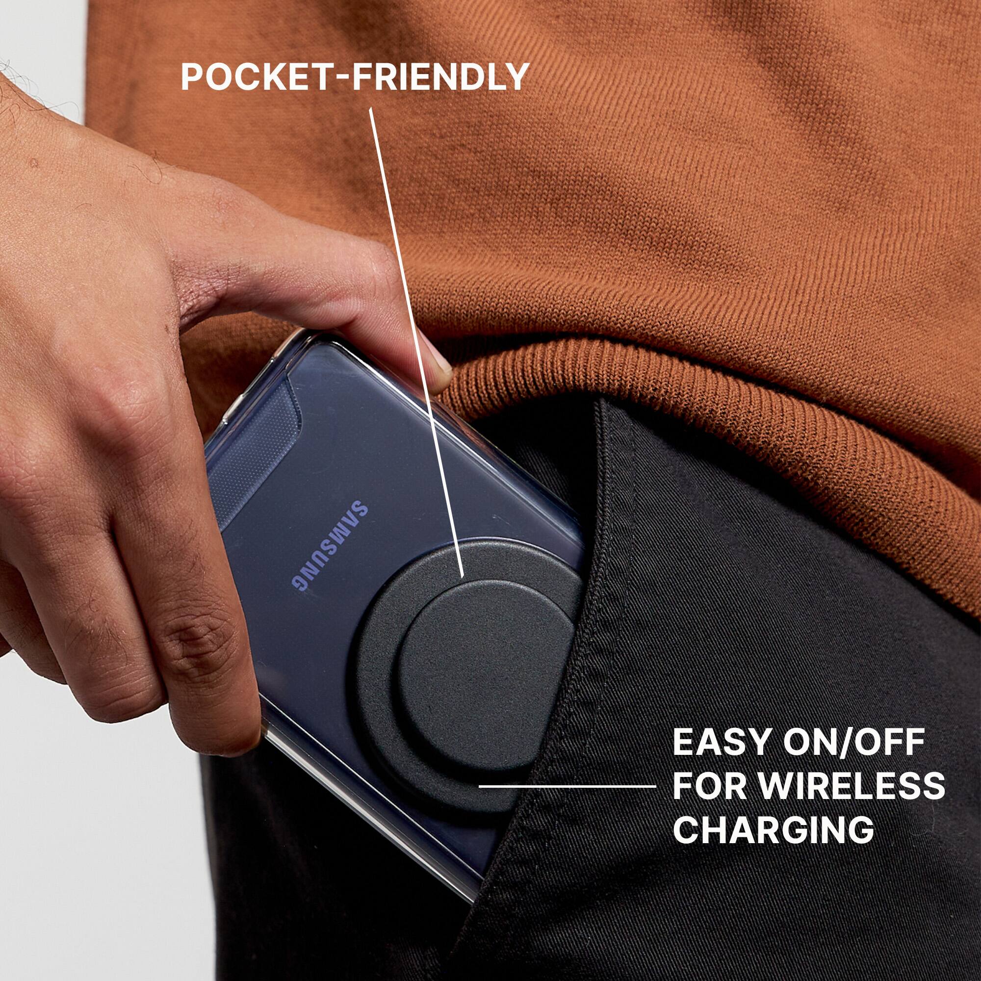 The text on the image reads "Pocket-friendly Samsung easy on/off for wireless charging."