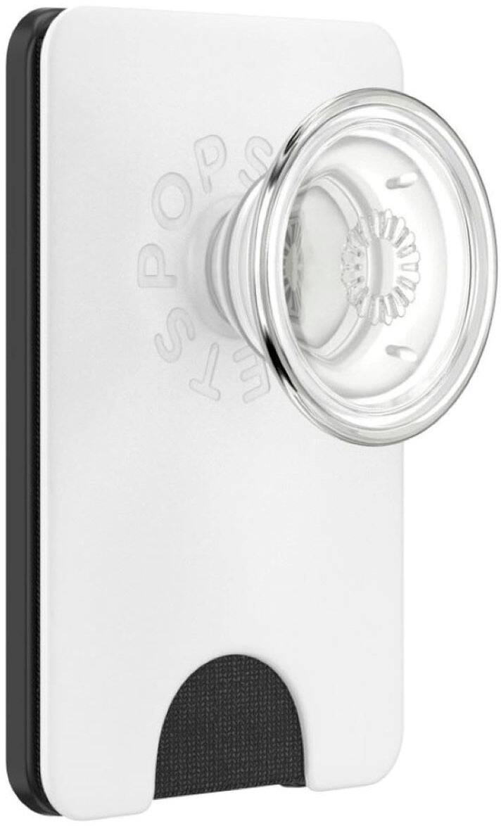 Angle. PopSockets - MagSafe PopWallet+ Cell Phone Wallet & Grip, with Adapter Ring - White Clear.