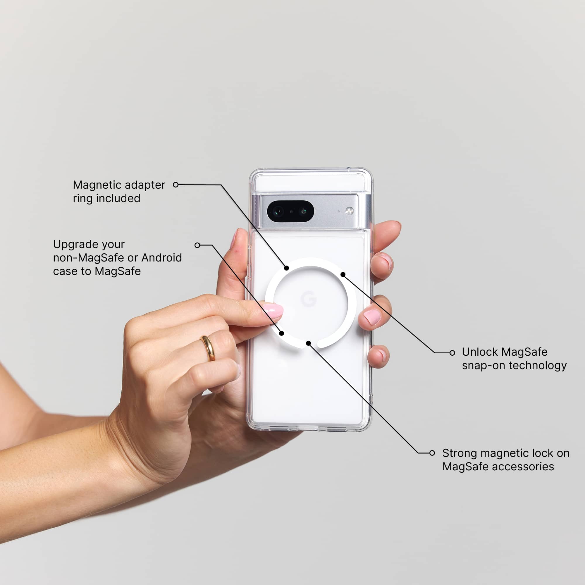 The image features a person holding a cell phone with various labels and descriptions around it. The largest text reads "MagSafe," which is a magnetic adapter ring included in the product. The image also includes a description of the product, stating that it can upgrade a non-MagSafe or Android case to MagSafe. Additionally, the image highlights the strong magnetic lock on MagSafe accessories, ensuring that they stay securely attached to the phone.