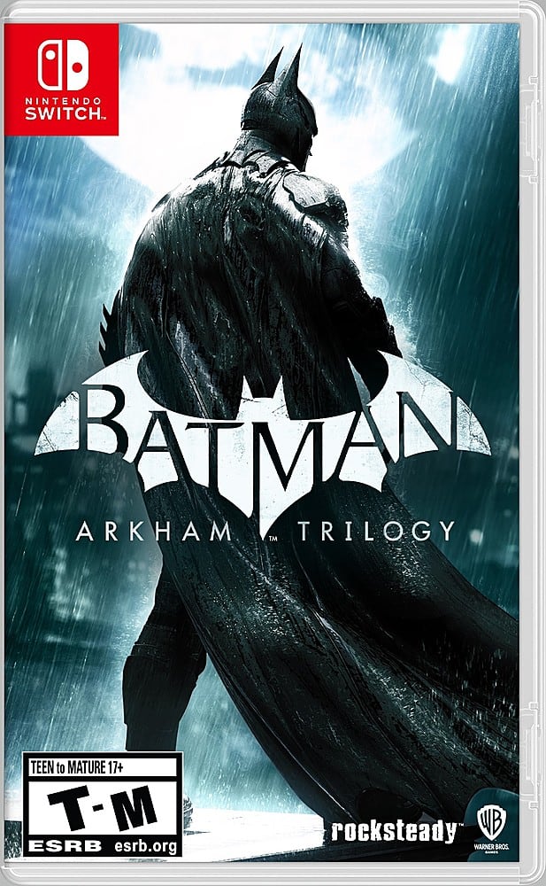 The text on the image reads "Nintendo Switch. Batman Arkham Trilogy. Teen to Mature 17+. T-M - ESRB esrb.org rocksteady WB Warner Bros."