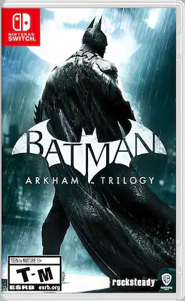 The text on the image reads "Nintendo Switch. Batman Arkham Trilogy. Teen to Mature 17+. T-M - ESRB esrb.org rocksteady WB Warner Bros." - M (Mature 17+)