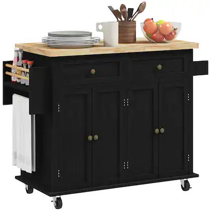 Front. Homcom - Kitchen Island Cart with Rubber Wood Top, Portable Table on Wheels with Adjustable Shelves, Spice Rack and Towel Rack - Distressed Black.