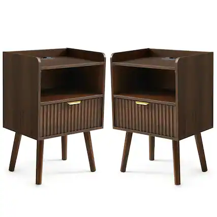 Front. U-HOMY - Modern Fluted Nightstand with Drawer and Charging Station, Bedside Table with USB Ports and Storage Shelf, Set of 2 - Walnut.