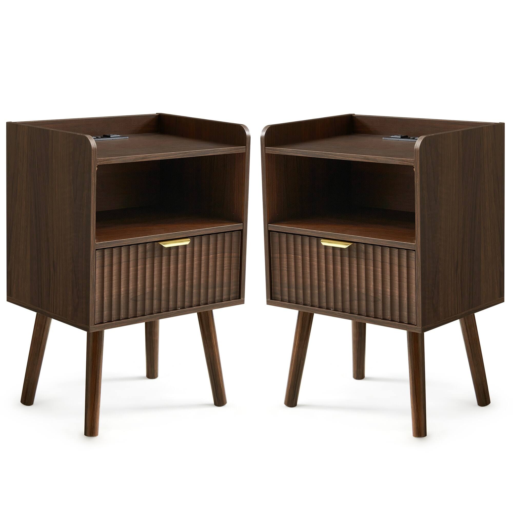 U-HOMY - Modern Fluted Nightstand with Drawer and Charging Station, Bedside Table with USB Ports and Storage Shelf, Set of 2 - Walnut