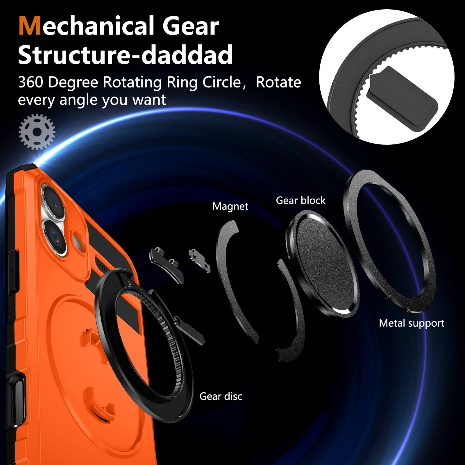 Mechanical Gear Structure-daddad  
360 Degree Rotating Ring Circle, Rotate every angle you want  

- Magnet  
- Gear block  
- Metal support  
- Gear disc
