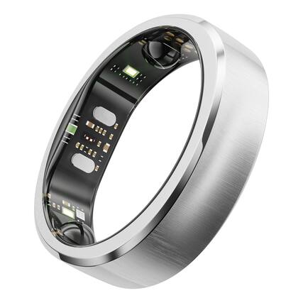 Front. RINGCONN - Gen 3 Smart Ring with Vascular Health Insights, Vibration Alerts, Sleep Apnea Monitoring, Charging Case - Size 15 - Brushed Silver.