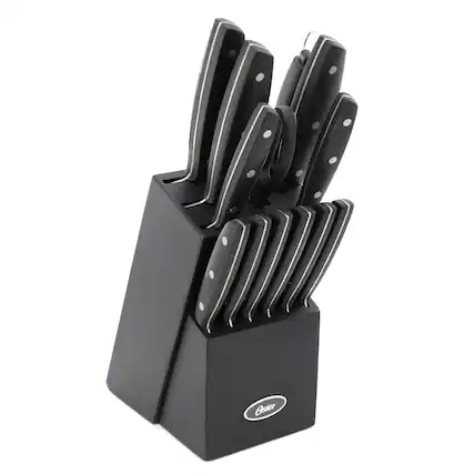 Front. Oster - Oster Riggins 14 Piece Stainless Steel Cutlery Set with Hardwood Storage Block in Black - Black.