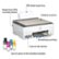 The image features an HP inkjet printer with a 100-sheet input tray made from 45% recycled plastic. The printer also has a flatbed scanner and is equipped with a low-on-ink sensor. The printer is designed to provide borderless printing and comes with up to 2 years of ink in bottles included.