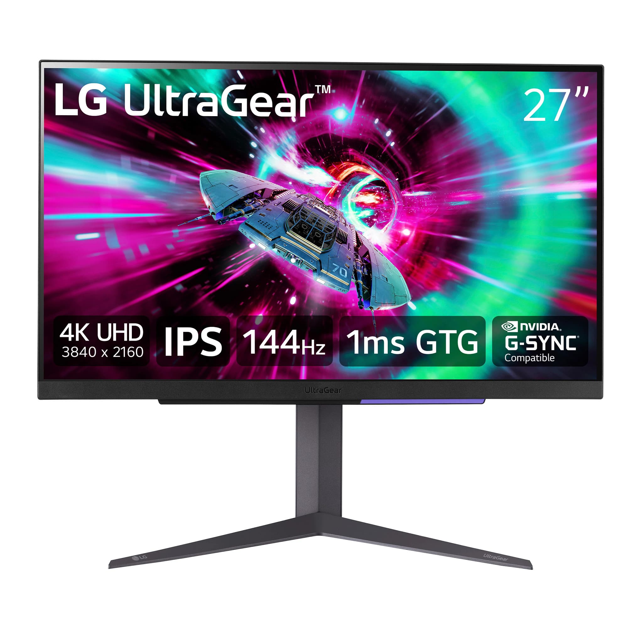 The image features a large LG UltraGear monitor with a 27-inch screen. The monitor is designed for gaming and offers a 4K UHD resolution of 3840 x 2160 pixels, an IPS display with a 144Hz refresh rate and a 1ms response time. The monitor is also compatible with NVIDIA's G-SYNC technology, which enhances the gaming experience by reducing input lag and providing a smoother, more responsive gaming experience. The monitor is mounted on a black stand, which provides stability and support for the display.