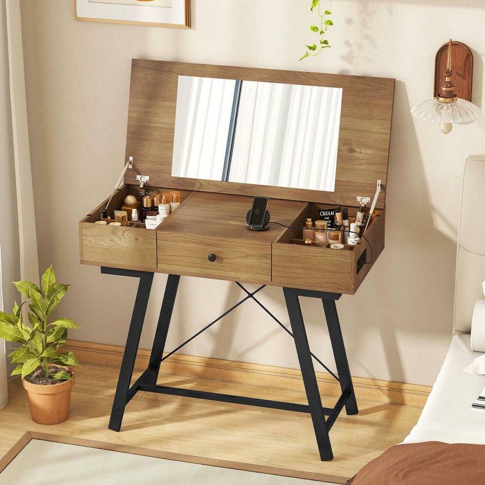 Alt View 4. Kadyn - Farmhouse Vanity Desk - Flip Top Mirror, Makeup Dressing Table, Rustic Charm - Rustic Brown - Brown.