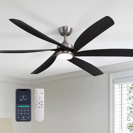 Front. Siljoy - 64" Modern Silent Ceiling Fan, Reversible DC Motor, 6 Speeds, Timer, Natural Wind, Remote & APP Control, Indoor Outdoor - Solid Nickel.