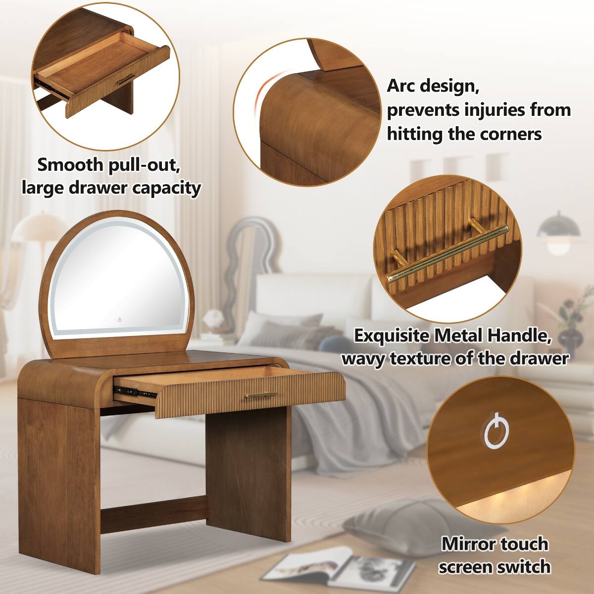 Smooth pull-out, large drawer capacity  
Arc design, prevents injuries from hitting the corners  
Exquisite Metal Handle, wavy texture of the drawer  
Mirror touch screen switch