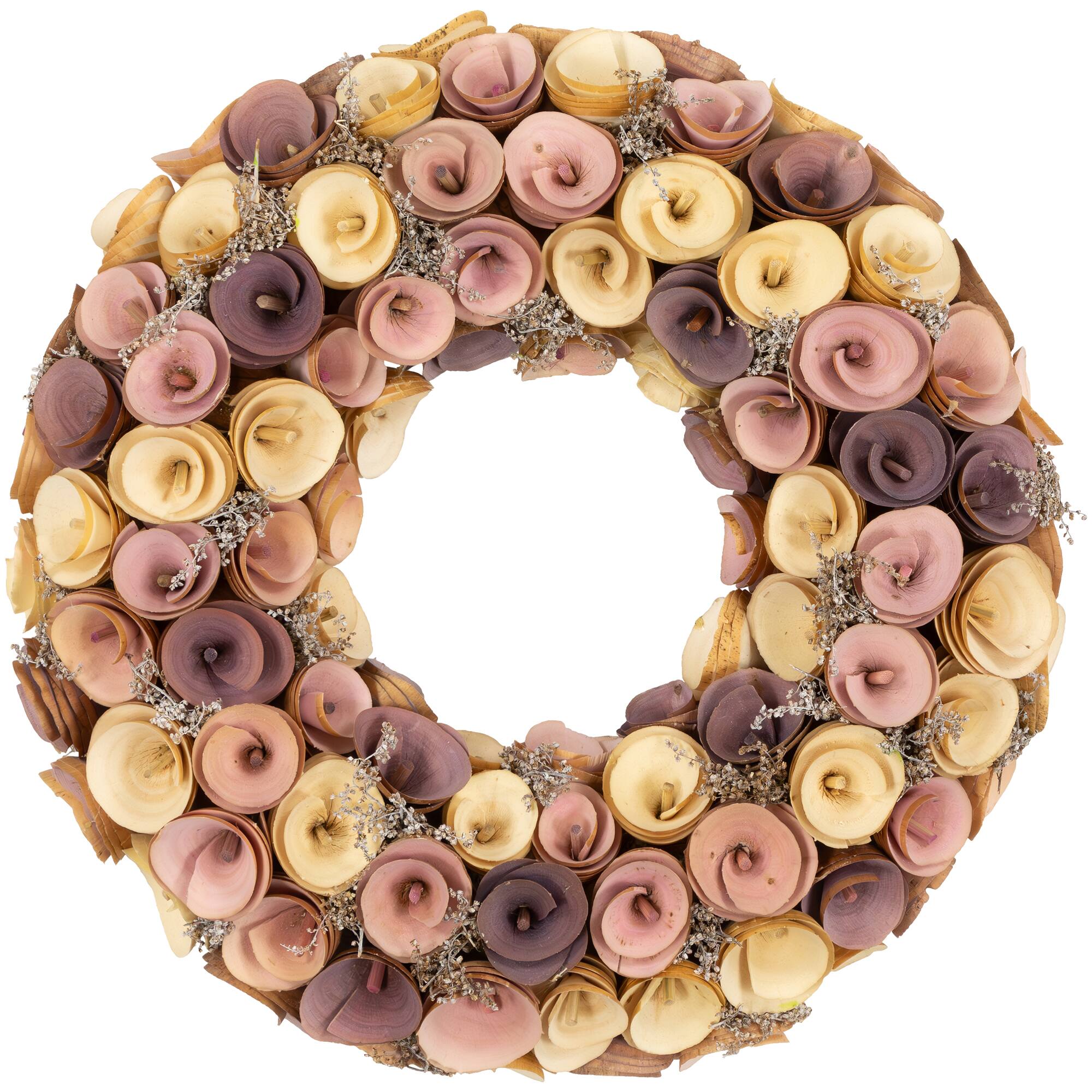 Front. Northlight - Artificial Floral Wooden Spring Wreath - 12" - Pink and Yellow - Pink.