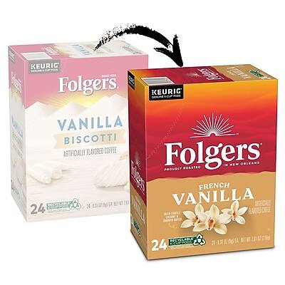 KEURIG Folgers SINCE 1850  
KEURIG GENLINE  
VANILLA BISCOTTI  
ARTIFICIALLY FLAVORED COFFEE  
Folgers PROUDLY ROASTED IN NEW ORLEANS  
24 K-CUPS  
NET WT 15.1 OZ (428g)  

KEURIG Folgers  
FRENCH VANILLA  
ARTIFICIALLY FLAVORED COFFEE  
Folgers PROUDLY ROASTED IN NEW ORLEANS  
24 K-CUPS  
NET WT 15.1 OZ (428g)