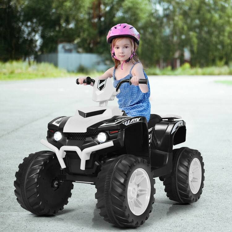 Left. SlickBlue - 12V Kids Ride-On ATV with LED Lights and Treaded Tires for Outdoor Fun - White.