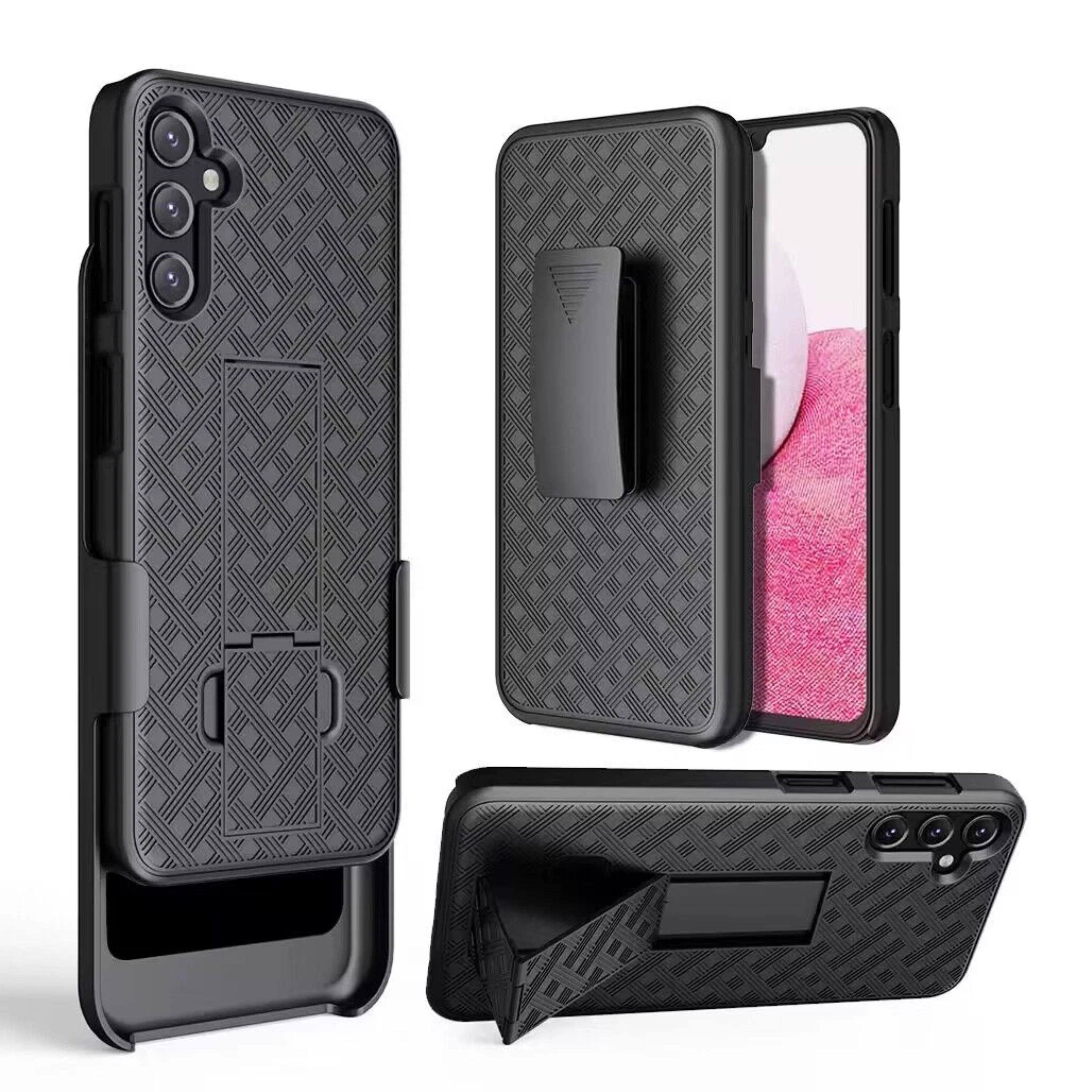 Angle. Kitcheniva - 3 in 1 Belt-Clip Holster Kickstand Phone Case With 2 Pcs Tempered Glass For iPhone 15 - Black.