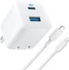 Anker - Wall Charger (32W, 2-Port) with 6 ft USB-C to Lightning Cable - White