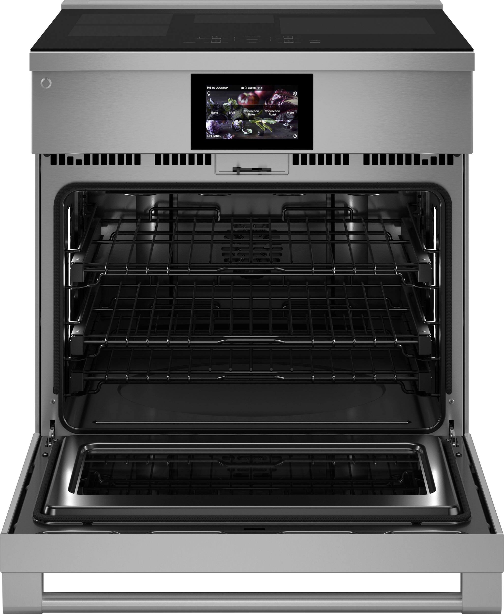 Angle. Monogram - 5.3 Cu. Ft. Slide-In Electric Induction True Convection Range - Stainless steel.