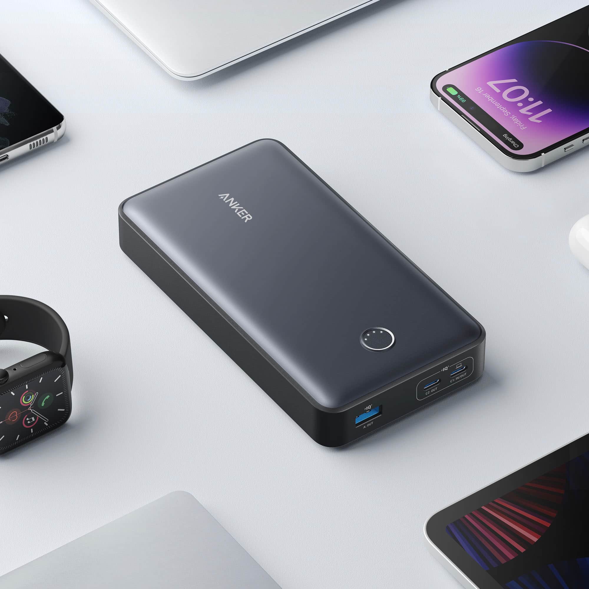 Angle. Anker - Power Bank (24000mAh, 65W, 3-Port) - Black.