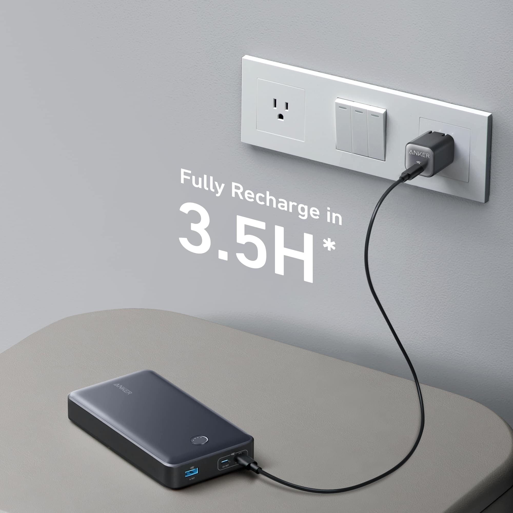 The image features a portable power pack with a USB plugged into a wall outlet. The power pack is advertised as fully recharging in 3.5 hours. The outlet is mounted on a wall, and the power pack is placed on a table. The advertisement emphasizes the convenience and efficiency of the portable power pack, making it an attractive option for those who need a reliable and quick source of power on the go.