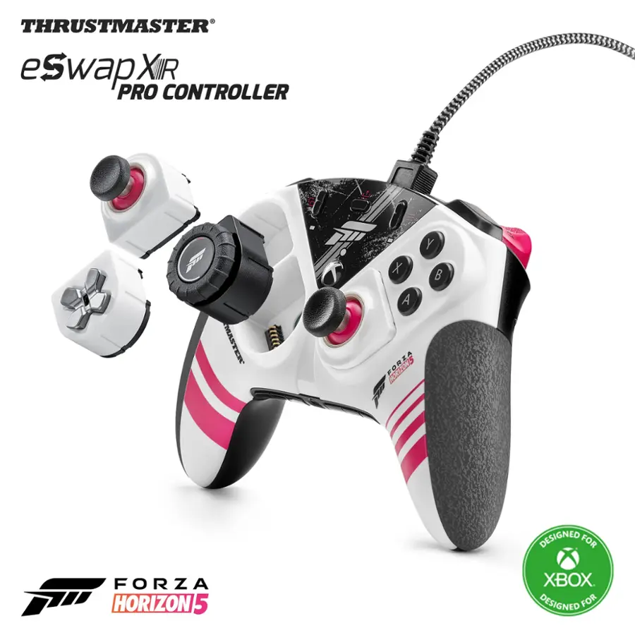 The image features a Thrustmaster eswap XIR Pro Controller, which is a gaming controller designed for the Xbox. The controller is white and pink in color, and it is designed for use with Forza Horizon 5. The controller is equipped with a camera, which can be used for various purposes, such as capturing gameplay footage or streaming. The controller also has a wheel, which is likely used for steering in racing games. Overall, the Thrustmaster eswap XIR Pro Controller is a versatile and high-quality gaming controller that offers a great gaming experience for Xbox users.