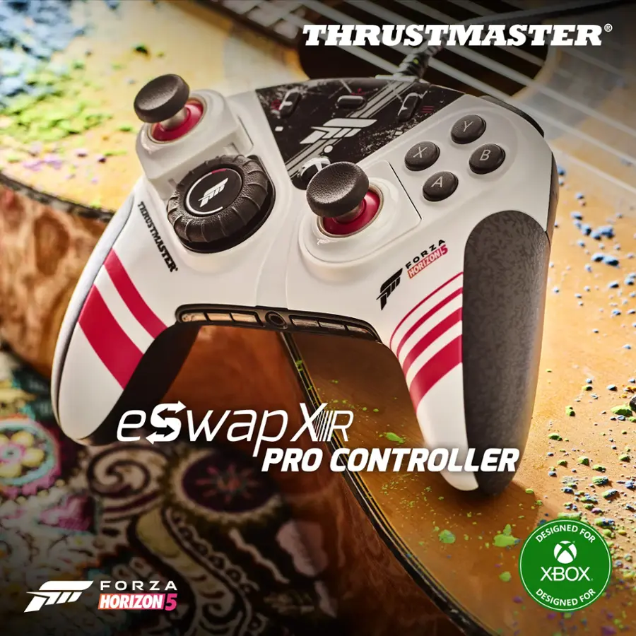 The image features a white and black Thrustmaster eSwapXR Pro Controller, which is designed for Forza Horizon 5 on Xbox. The controller is displayed on a guitar-themed background, emphasizing its unique design.
