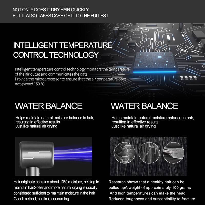 NOT ONLY DOES IT DRY HAIR QUICKLY BUT IT ALSO TAKES CARE OF IT TO THE FULLEST

INTELLIGENT TEMPERATURE CONTROL TECHNOLOGY

Intelligent temperature control technology monitors the temperature of the air outlet and communicates the data. Provide the microprocessor to ensure that the air temperature does not exceed 150°C

WATER BALANCE

Helps maintain natural moisture balance in hair, resulting in effective results. Just like natural air drying

Hair originally contains about 13% moisture, helping to maintain hair softer and more natural. Drying is usually considered sufficient to maintain moisture in the hair. Good method, but time-consuming

WATER BALANCE

Helps maintain natural moisture balance in hair, resulting in effective results. Just like natural air drying

Research shows that a healthy hair can be pulled up a weight of approximately 100 grams. And high temperatures can make the head reduced toughness and susceptibility to fracture