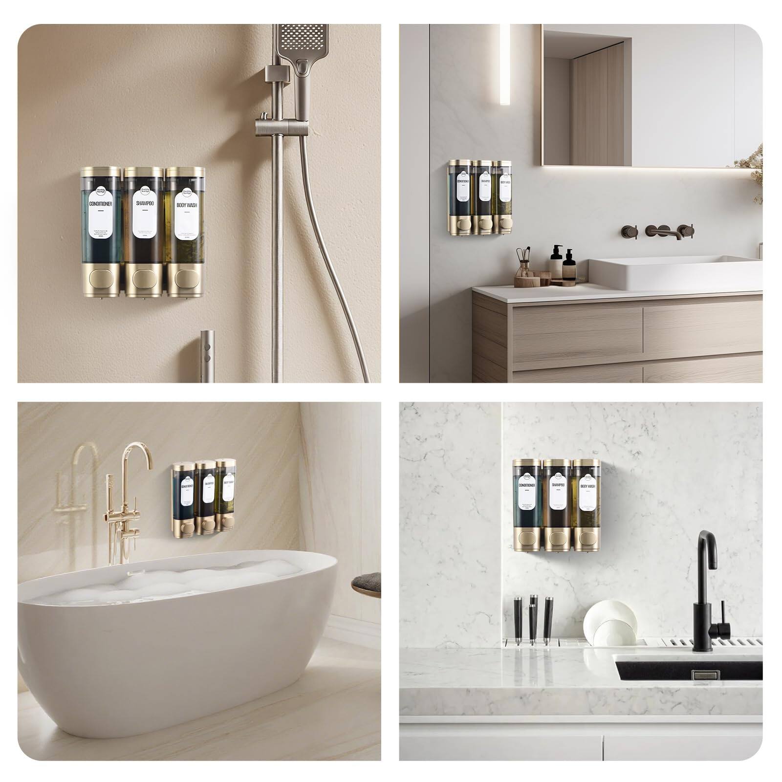 Alt View 7. Dapper Styles - Shampoo And Conditioner Dispenser Refillabe Shower Soap Dispensers 3 Ch No Drill For Wall Mounted Container... - Gold 3 Chamber-3 chamber.