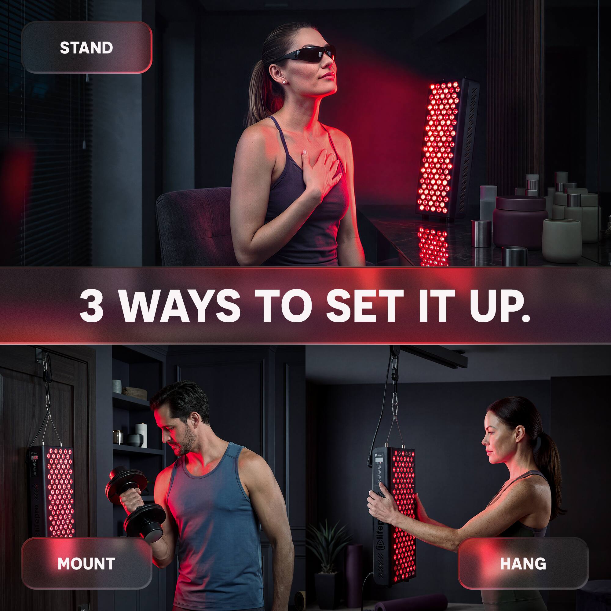 STAND

3 WAYS TO SET IT UP.

MOUNT

HANG