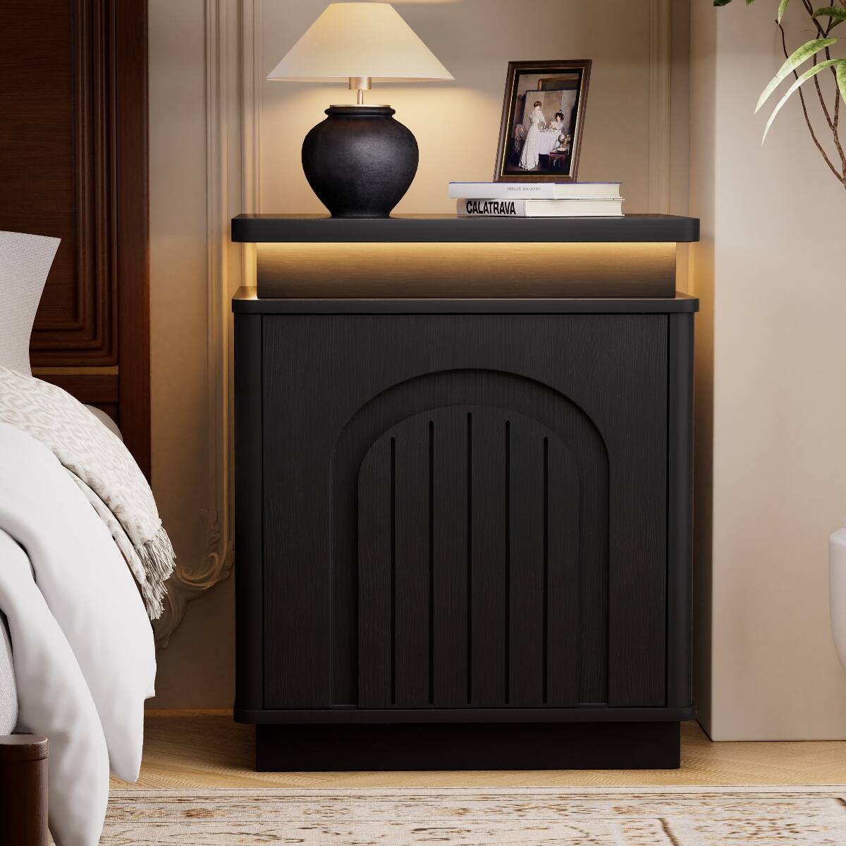Alt View 1. Loheer - Loheer Black LED Nightstand with Arched Cabinet Storage and Reversible Doors - Black.
