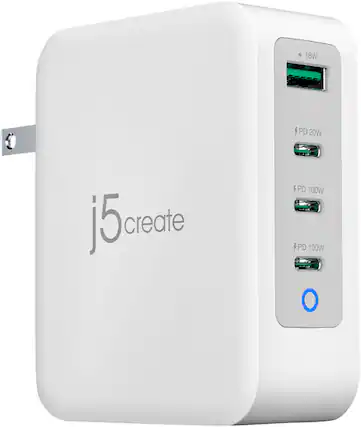 Front. j5create - 130W GaN USB-C 4-Port Charger - Black.