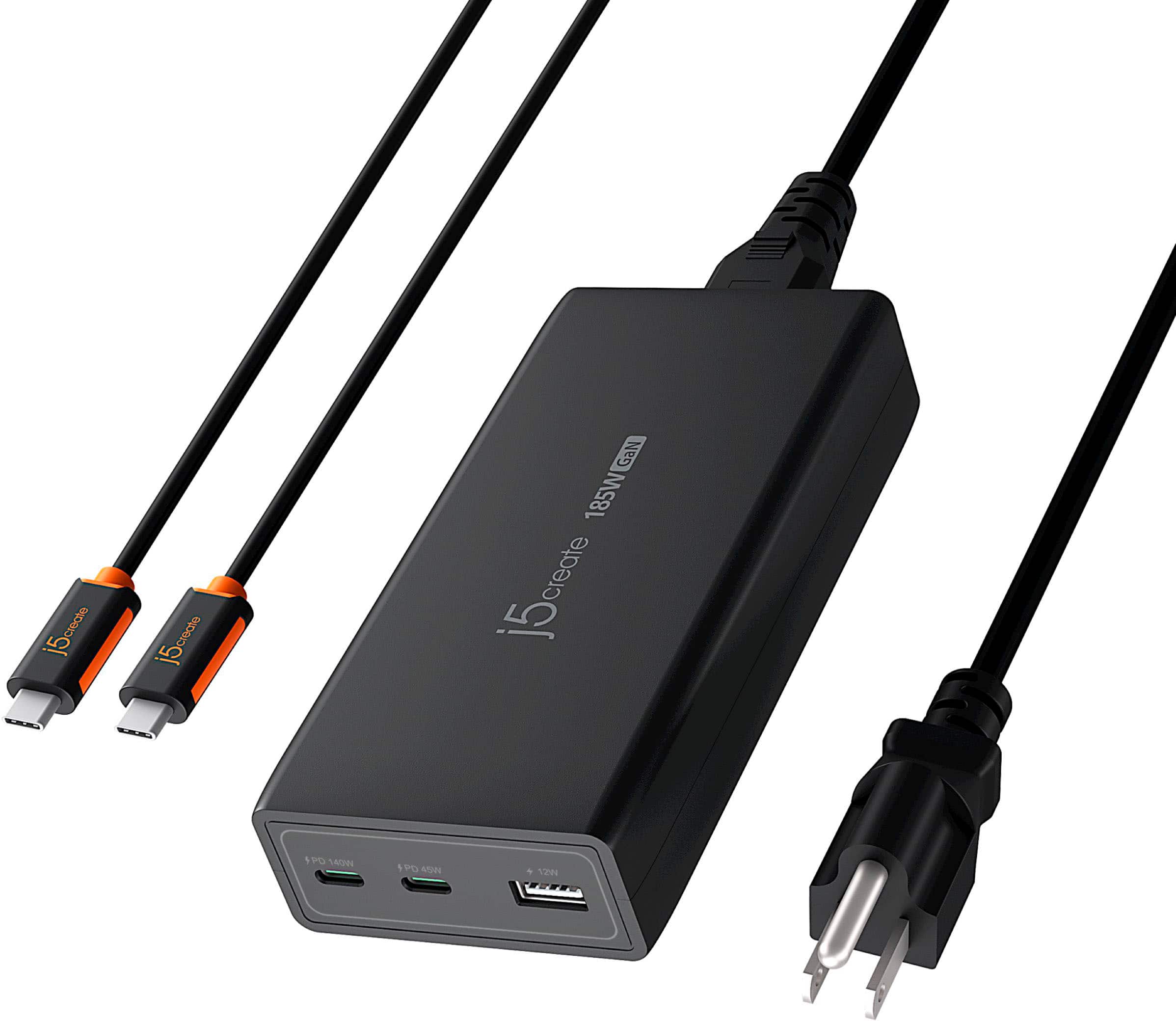 j5create - 185W GaN PD3.1 USB-C 3-Port Laptop Super Charger - Black - Front_Zoom