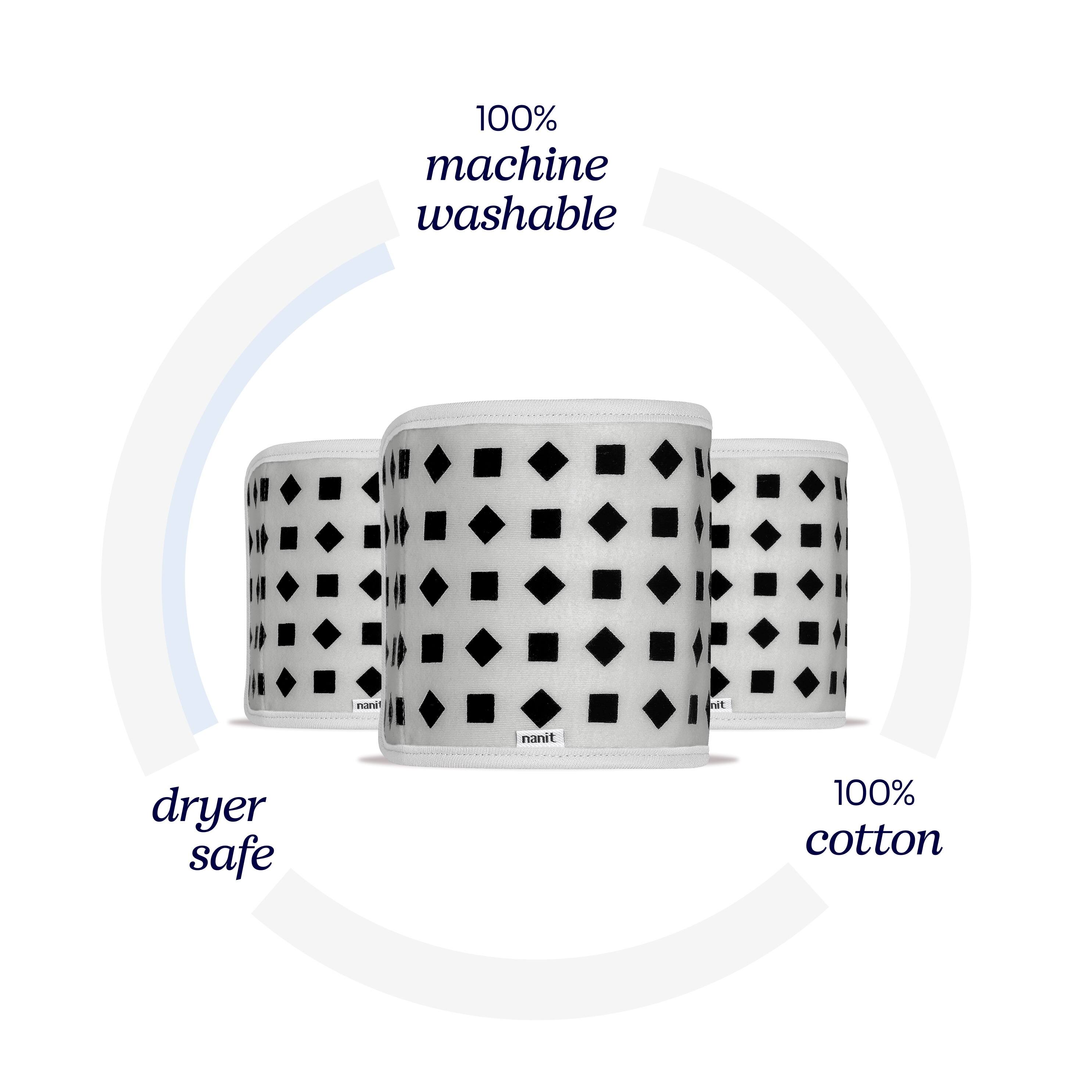 The image features a set of three white and black polka dot containers, which are 100% machine washable, dryer safe, and made of 100% cotton. They are designed for baby monitors and are perfect for keeping your baby's belongings organized and clean.