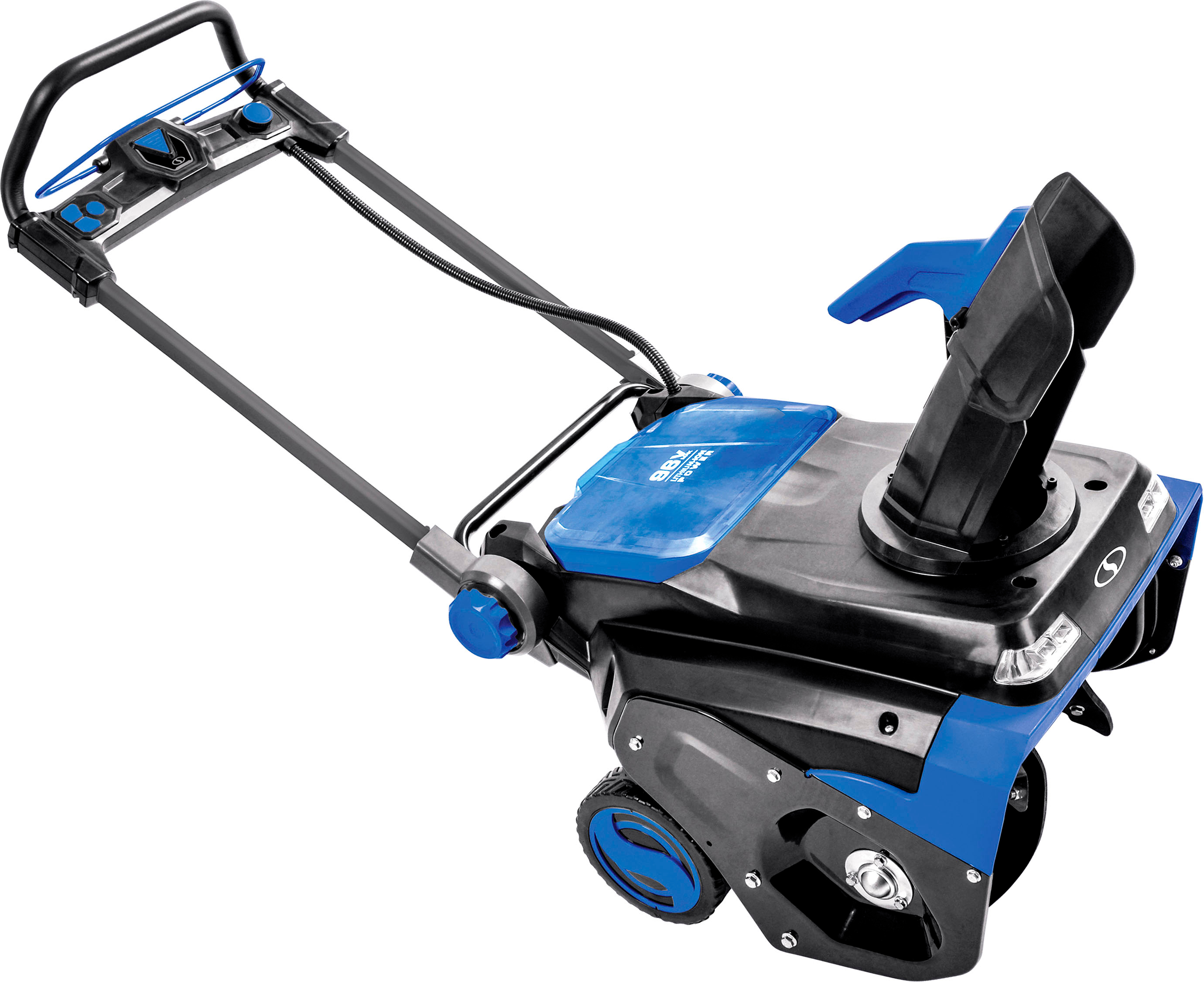 Left View: Snow Joe - 24V Single Stage Cordless Brushless Electric Snow Blower (4x12.0 Ah Batteries and 2 Chargers) - Black and Blue