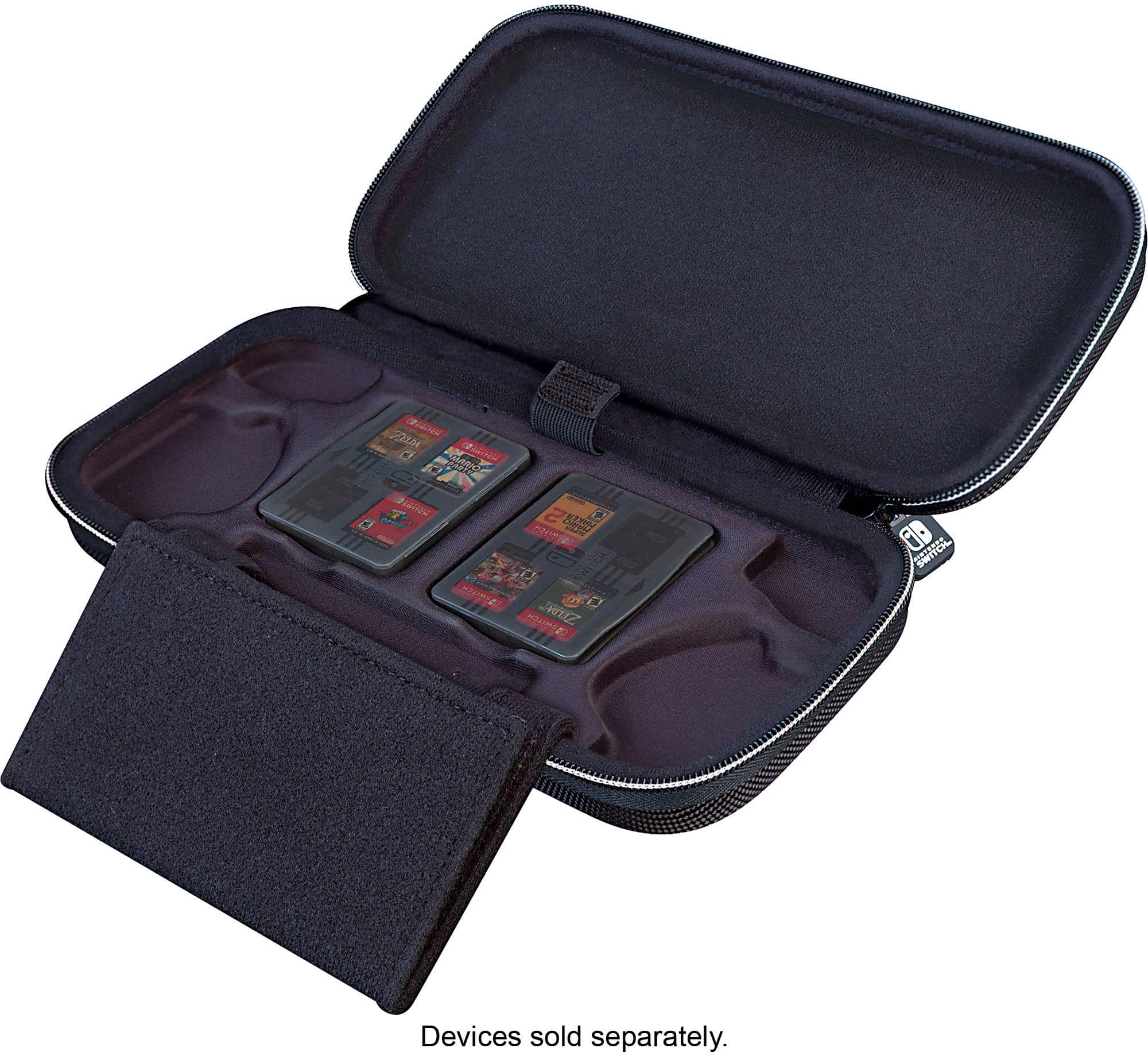 The image shows a black case with a compartment for holding three cards. The case is open, revealing the compartment and the cards inside. The cards are arranged in a way that they are visible and easily accessible. The case is designed to protect and store the cards, making it a convenient and practical solution for card enthusiasts.