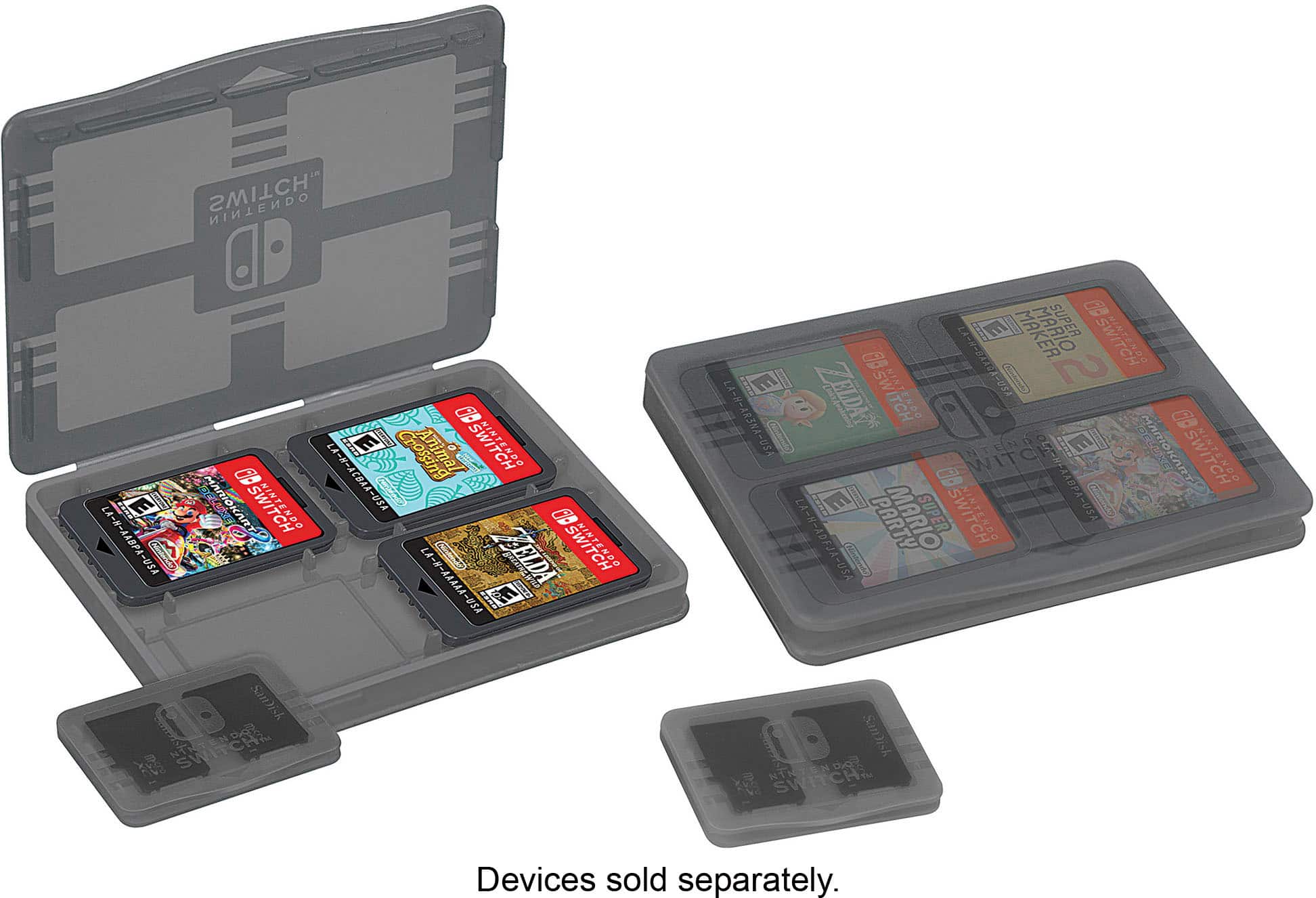 The image features a Nintendo Switch carrying case with various game cartridges inside. The case is open, revealing the cartridges, which include titles like Mario Kart 8, Zelda, and Super Mario. The case is designed to hold the Switch console and its accessories, providing a convenient way to transport and store the gaming system and its games.