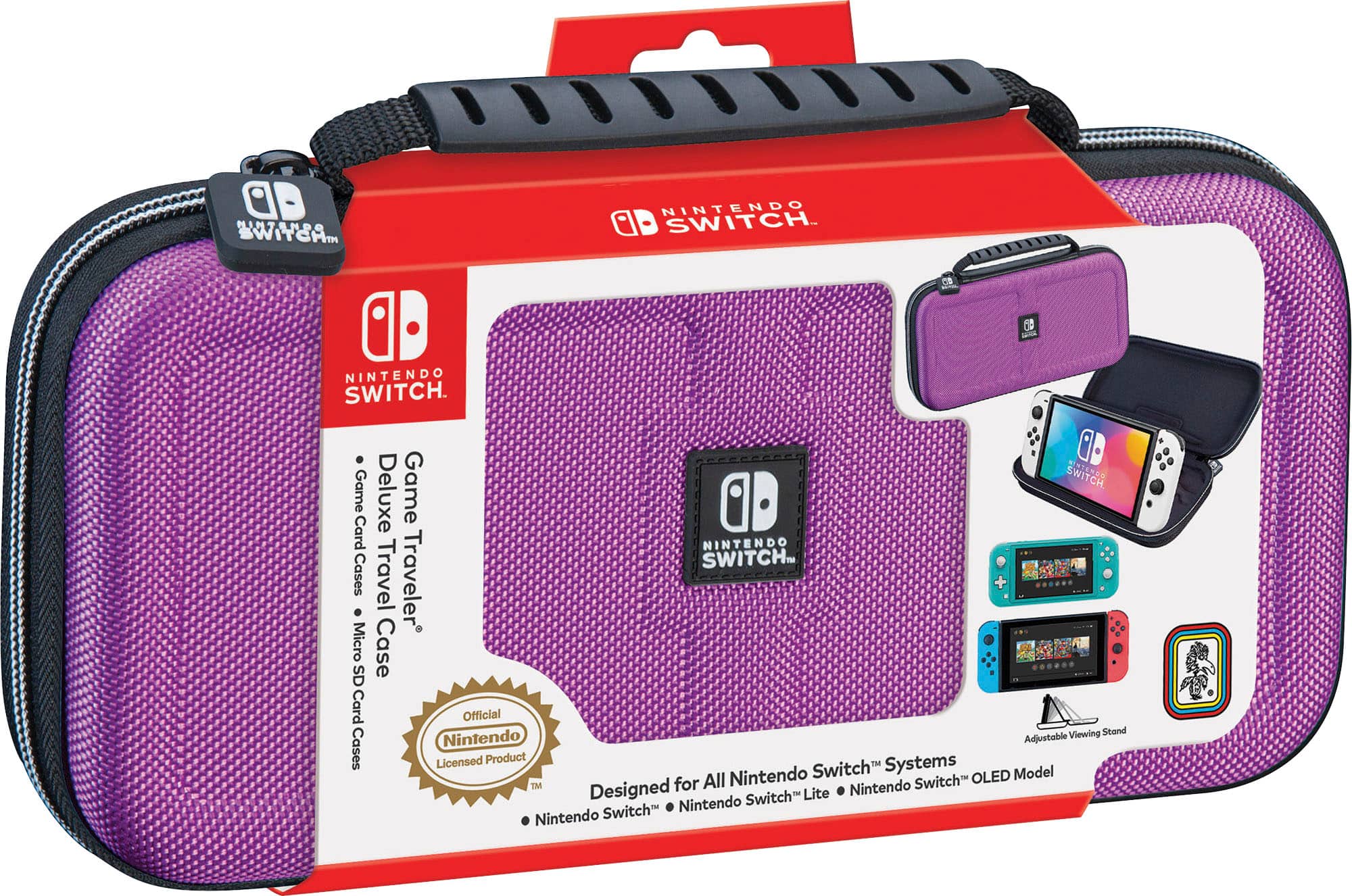 The image features a purple Nintendo Switch carrying case, which is designed to hold the Switch console and its accessories. The case is made of durable materials and has a padded interior to protect the Switch and its components. It also includes a micro SD card holder and a game card holder, making it a convenient and functional traveling companion for Switch owners. The case is an official Nintendo product, ensuring compatibility with the Switch console and its accessories.