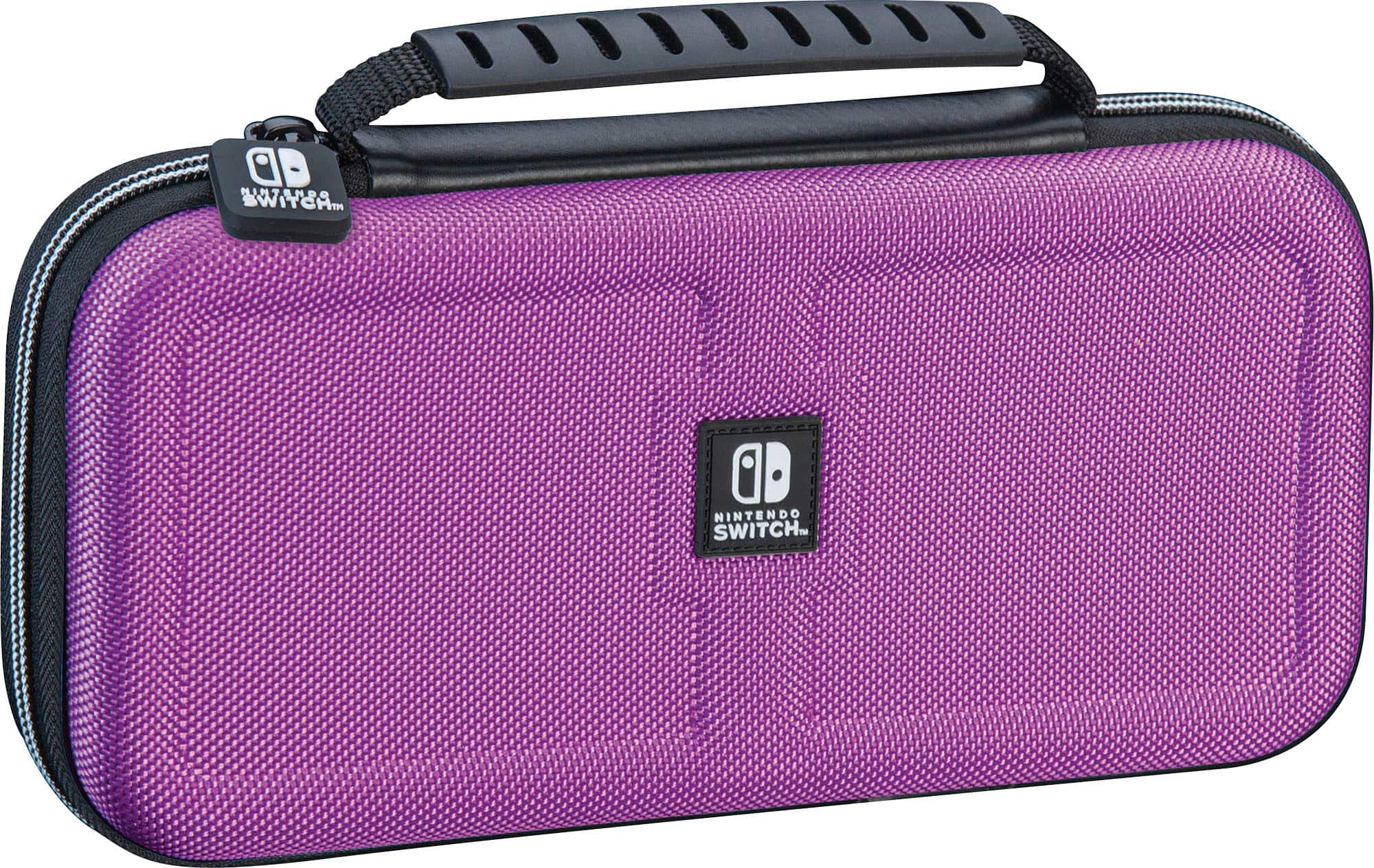 The image features a purple Nintendo Switch carrying case. The case is designed to hold the Switch console and its accessories, providing a convenient way to transport the gaming system. The case is made of durable material and has a zippered closure to keep the contents secure. The Nintendo Switch logo is prominently displayed on the case, indicating its compatibility with the gaming system.