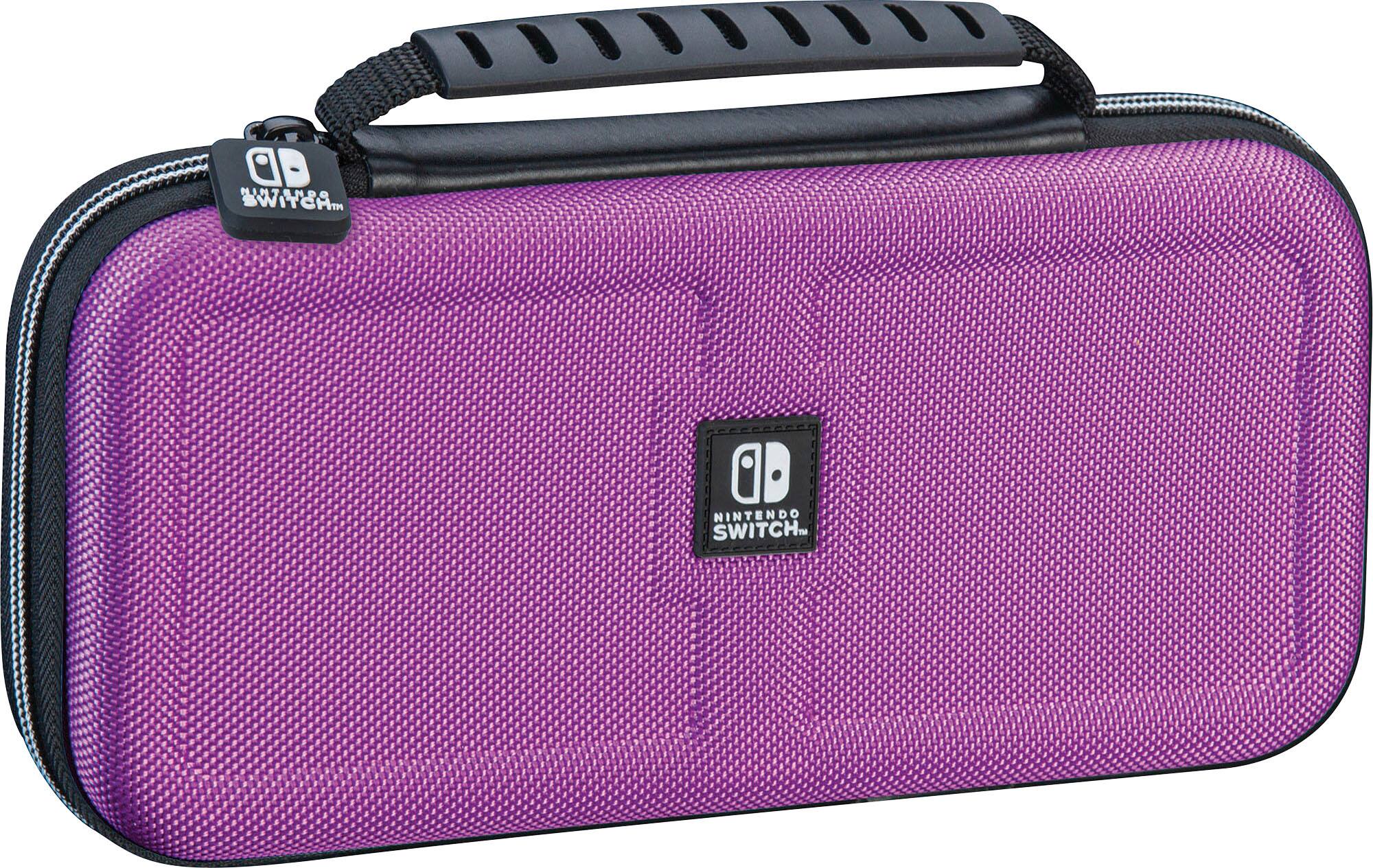 The image features a purple Nintendo Switch carrying case. The case is designed to hold the Switch console and its accessories, providing a convenient way to transport the gaming system. The case is made of durable material and has a zippered closure to keep the contents secure. The Nintendo Switch logo is prominently displayed on the case, indicating its compatibility with the gaming system.