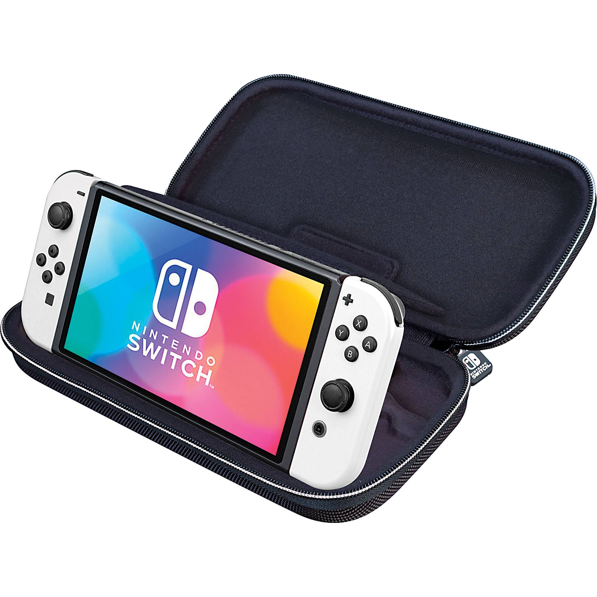 The image features a Nintendo Switch game console in a blue carrying case. The case is designed to hold the console and its accessories, such as the remote and the gamepad. The console is displayed prominently in the case, showcasing its unique design and features. The case provides a convenient and secure way to transport the Nintendo Switch and its accessories, ensuring that they remain protected and organized during travel or storage.