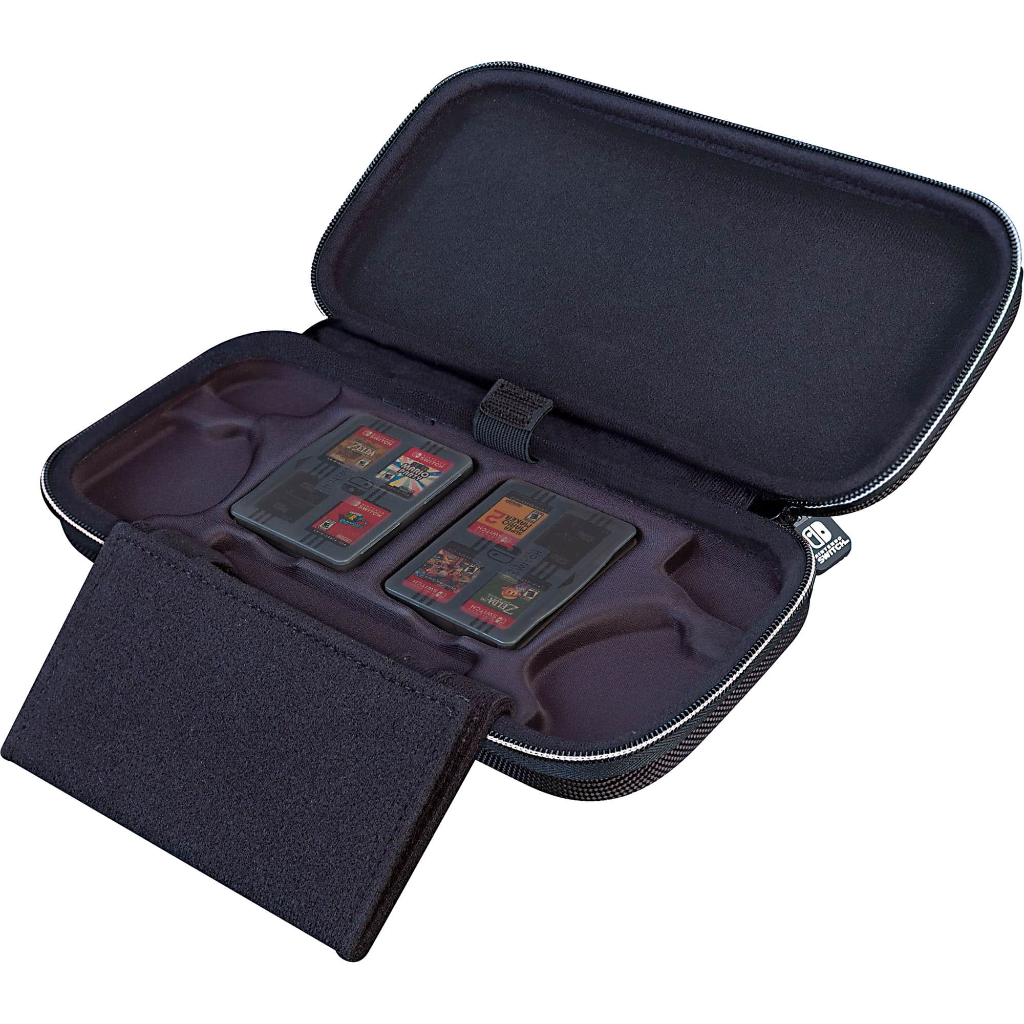 The image shows a black case with a compartment for holding cards. The case is open, revealing the card compartment, which is designed to hold three cards securely. The case is suitable for carrying cards, such as playing cards or ID cards, and can be easily transported.
