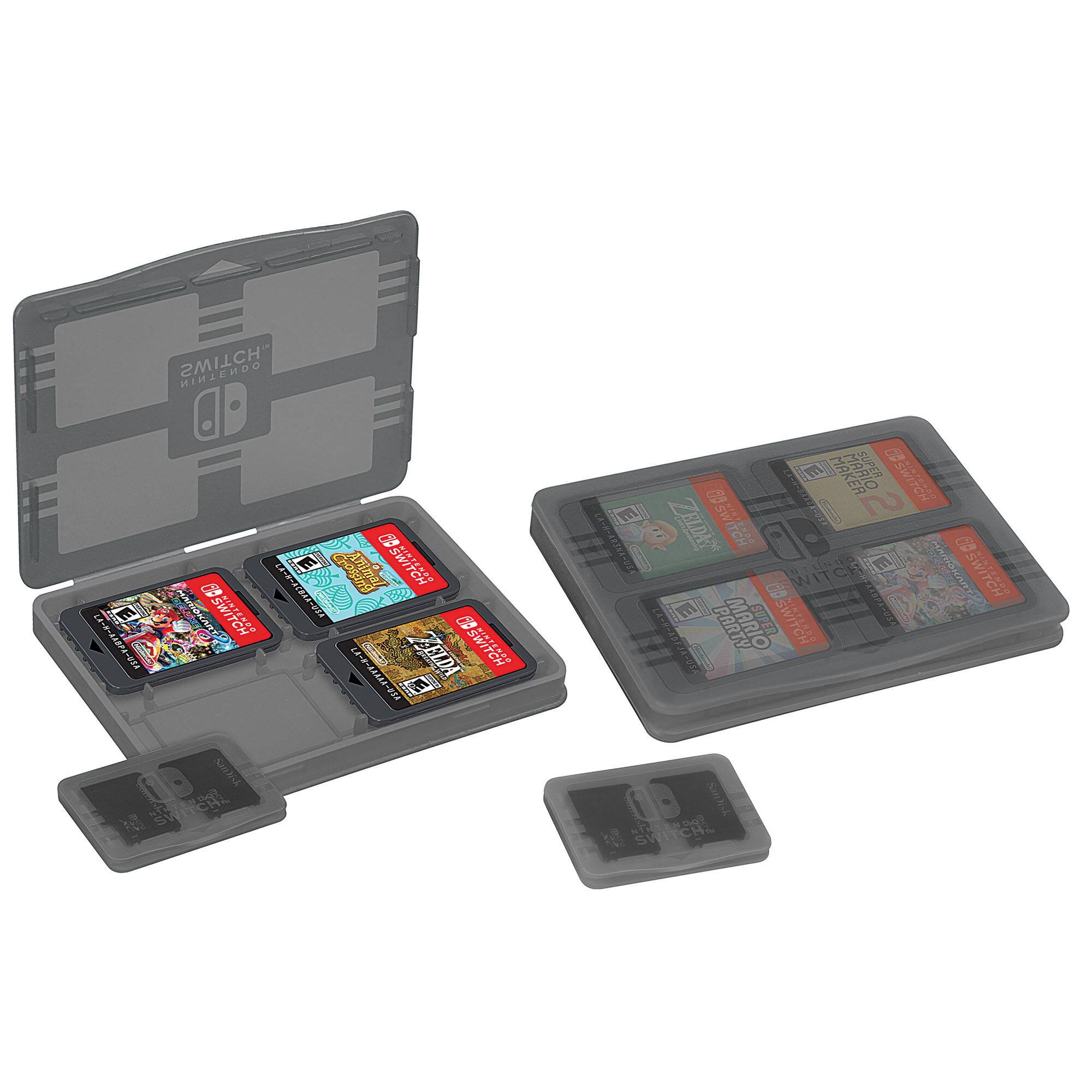 The image features a Nintendo Switch case with a variety of games, including Zelda and Mario. The case is open, revealing the games inside. There are multiple game cartridges visible, with some placed on the left side of the case and others on the right side. The case is designed to hold and protect the game cartridges when not in use.