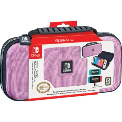 The image features a pink Nintendo Switch travel case, which is designed to protect the gaming console during travel. The case is made of durable material and has a pink color. The case is also equipped with a pouch for storing accessories, such as the SD card and the Game Deluxe card. The travel case is an official Nintendo product and is compatible with both the Nintendo Switch and the Nintendo Switch Lite.