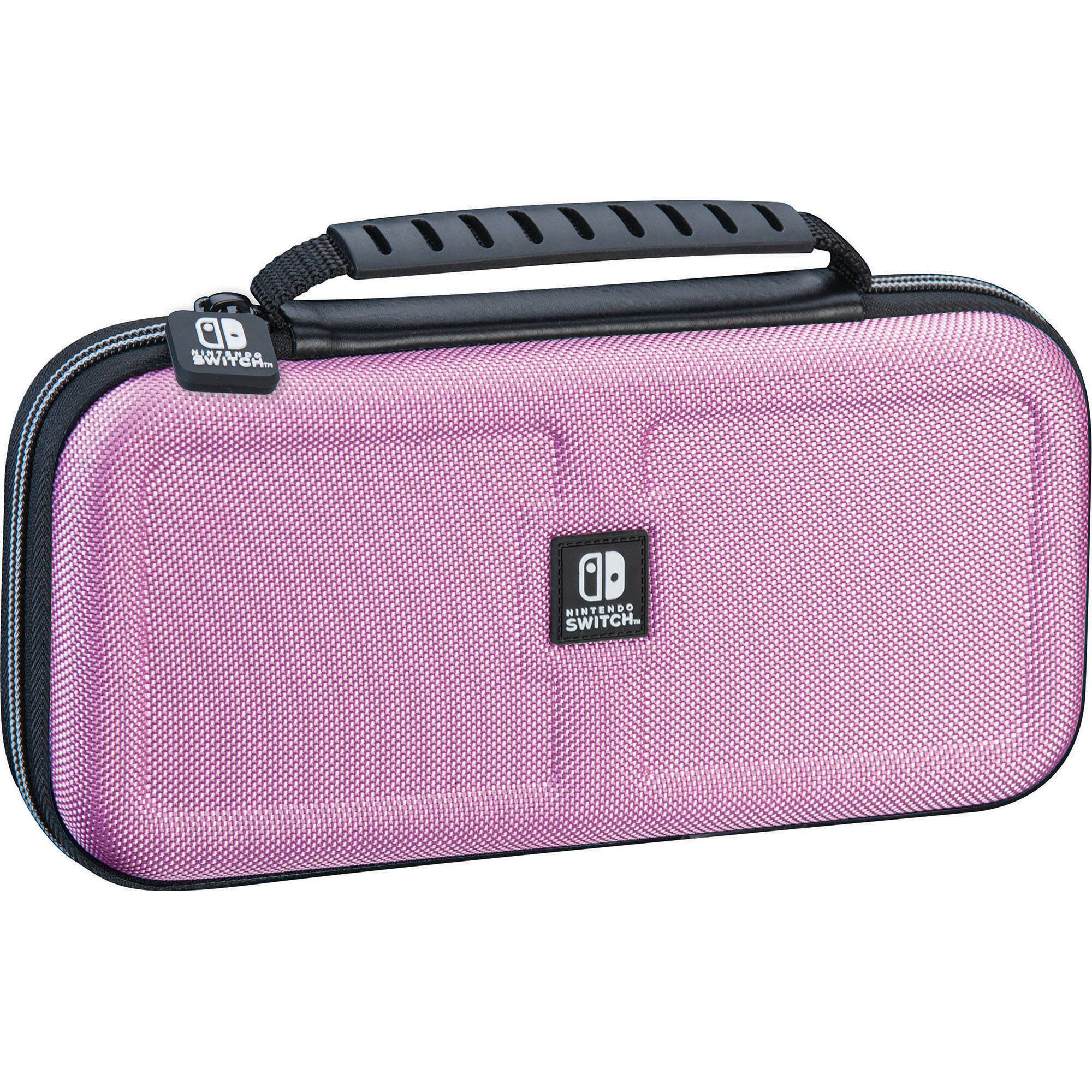 The image features a pink Nintendo Switch carrying case. The case is designed to hold the Switch console and its accessories, providing a convenient way to transport the gaming system. The case is made of durable material and has a zippered closure to keep the contents secure. The pink color adds a touch of fun and personality to the case, making it a great accessory for any gaming enthusiast.