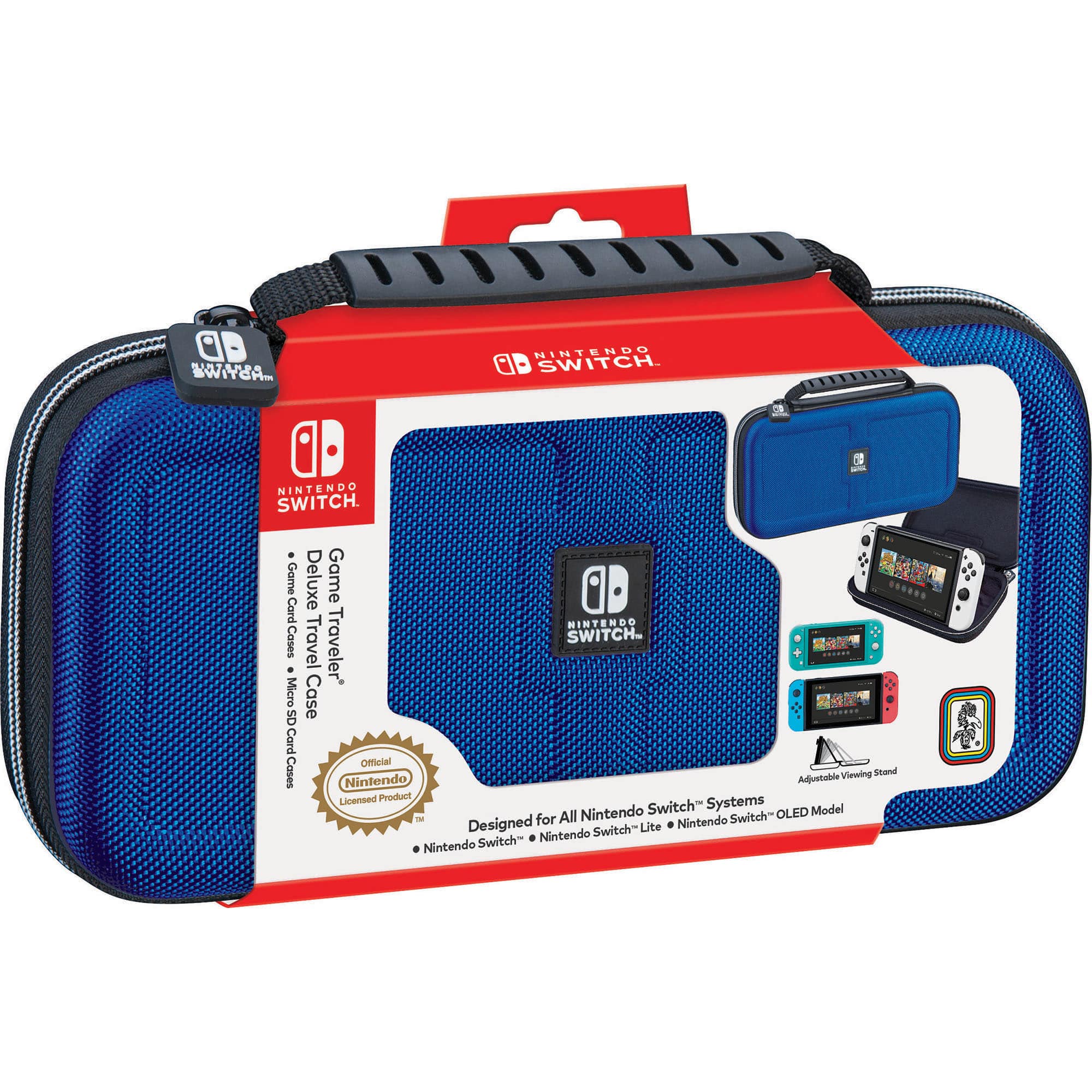 The image features a blue Nintendo Switch case, which is designed to hold the gaming console and its accessories. The case is made of durable materials and is adjustable, ensuring a secure fit for the Switch and its components. The case is also compatible with the Nintendo Switch Lite and Nintendo Switch OLED models. The case is part of a traveler's kit, which includes a micro SD card and a game card, making it a convenient and practical solution for gamers on the go.