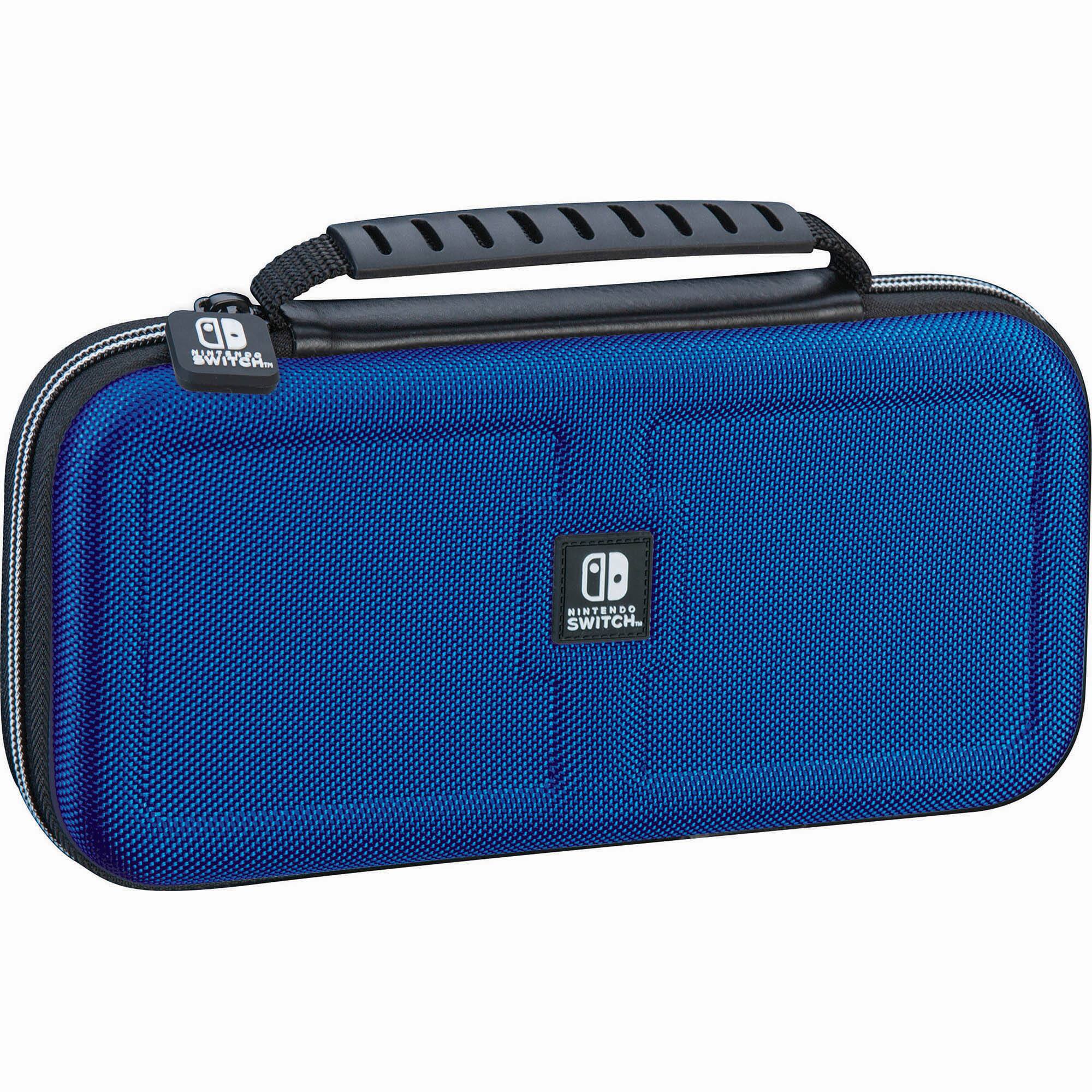 The image features a blue Nintendo Switch carrying case. The case is designed to hold the Switch console and its accessories, providing protection and convenience for the user. The case is made of durable materials and has a zippered closure to secure the contents. The Nintendo Switch logo is prominently displayed on the case, indicating its compatibility with the gaming system.